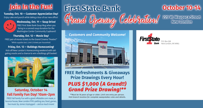 image: First State Bank New London Grand Opening Postcard Mailer Back