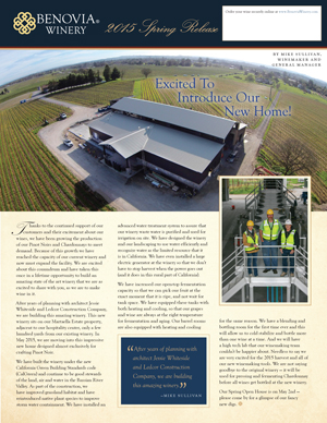 Benovia Winery Spring 2015 Newsletter Front Page