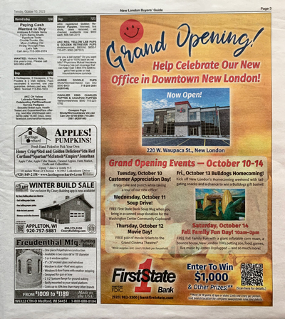 image: First State Bank, New London Grand Opening Buyer's Guide Newspaper Advertisement
